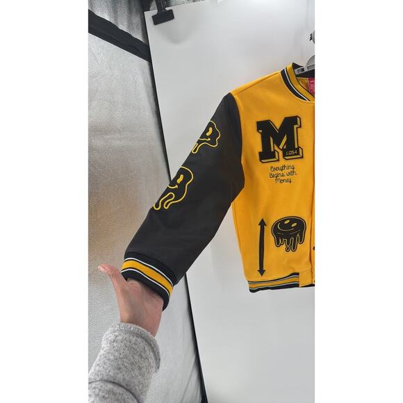 Ring of Fire MONEY MAKER WOOLEN PATCHED VARSITY JACKET black yellow size xl - Picture 5 of 6